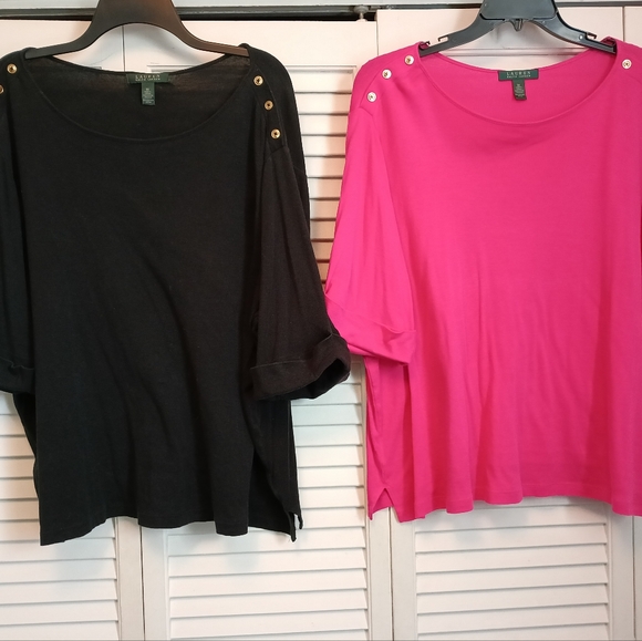 Ralph Lauren Tops - 🌺🖤(2)Ralph Lauren Black and Hot Pink Button-Shoulder 3/4 Sleeve Tops (3X)🖤💗